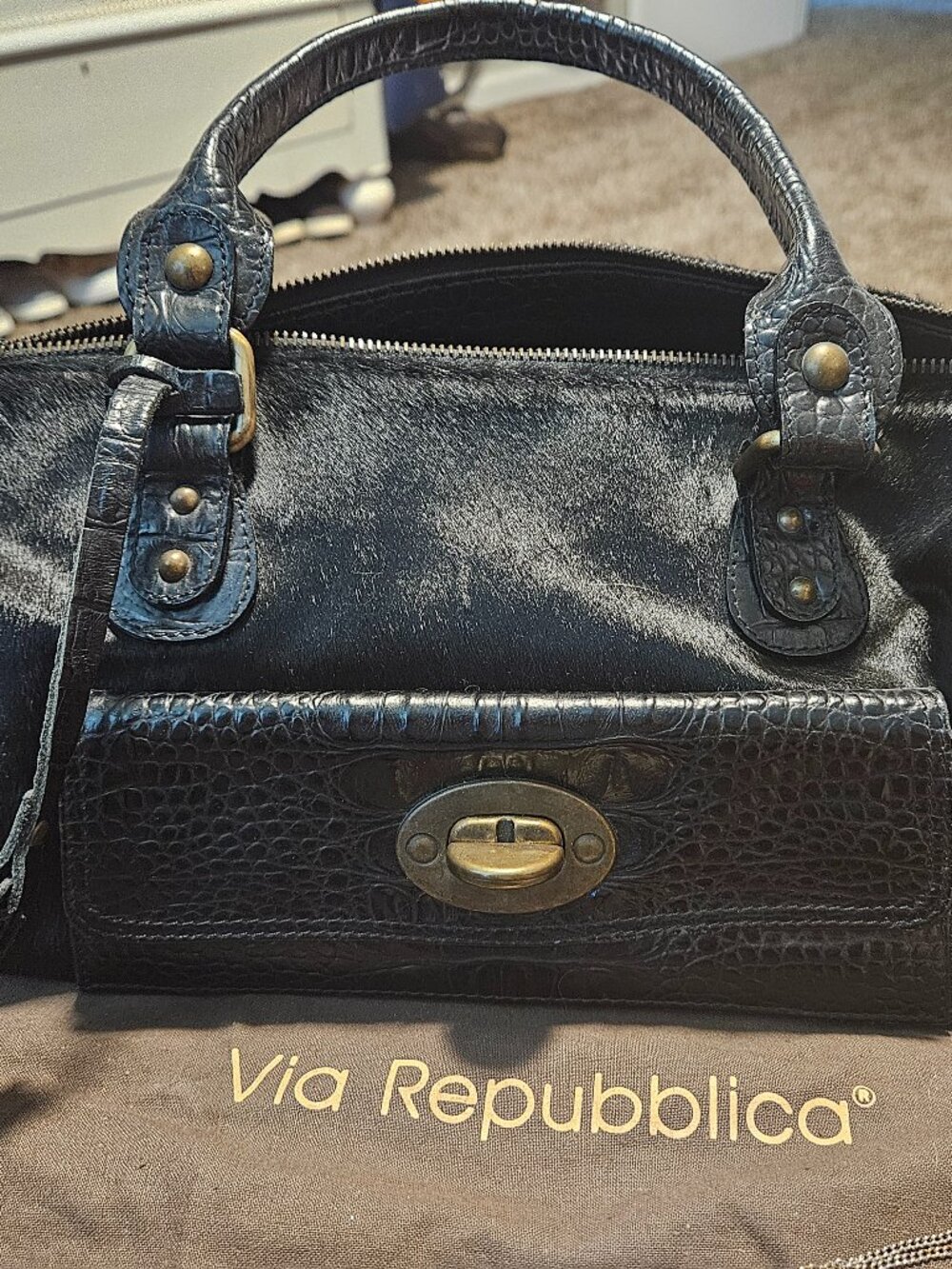 Via Repubblica Bag Black Calf Hair and Leather